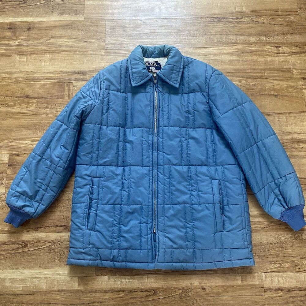 Vtg Blair Men's L Blue Quilted Sherpa Lined Puffer Chore Coat Full Zip 70s USA